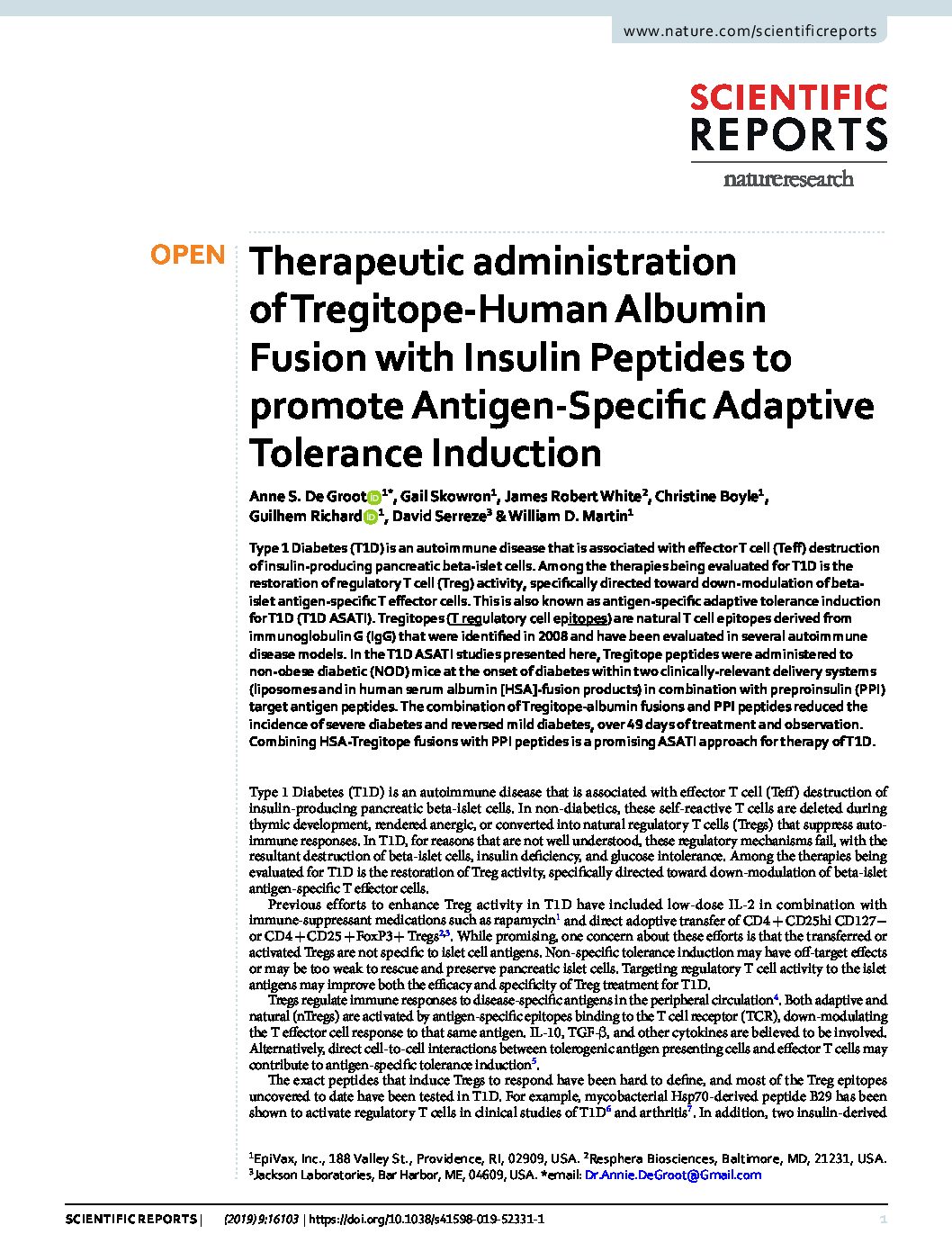 Therapeutic administration of Tregitope-Human Albumin Fusion with Insulin Peptides to promote Antigen-Specific Adaptive Tolerance Induction