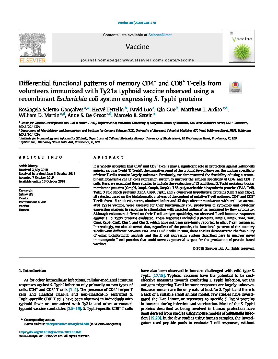 Differential functional patterns of memory CD4+ and CD8+ T-cells from volunteers immunized with Ty21a typhoid vaccine observed using a recombinant Escherichia coli system expressing S. Typhi proteins