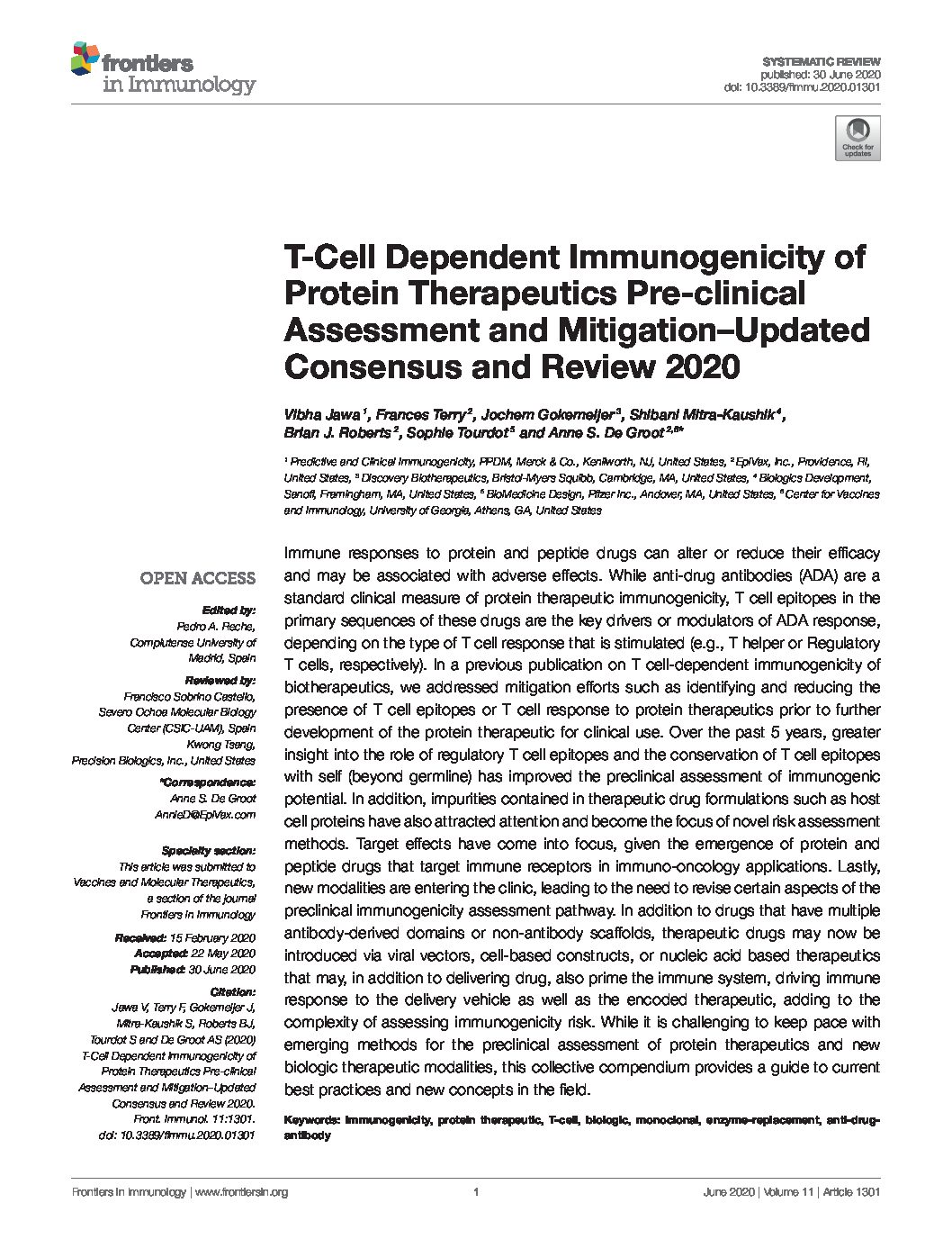 T-Cell Dependent Immunogenicity of Protein Therapeutics Pre-clinical Assessment and Mitigation–Updated Consensus and Review 2020
