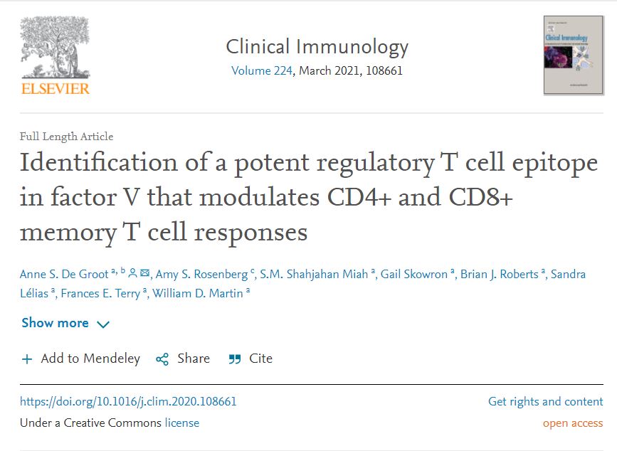 Identification of a potent regulatory T cell epitope infactor V that modulates CD4+ and CD8+ memory T cell responses