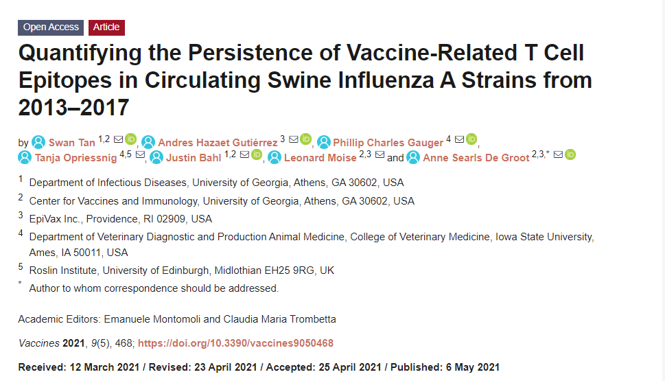 Quantifying the Persistence of Vaccine-related T cell Epitopes in Circulating Swine Influenza A Strains from 2013-2017